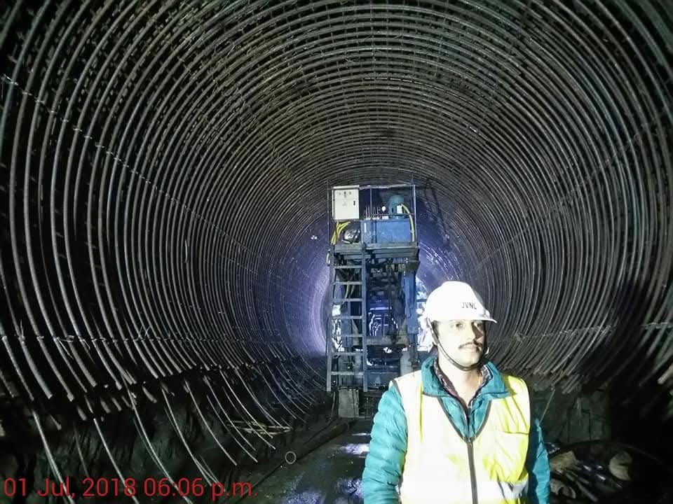 Puspa Raj Ghimire inside a circular tunnel section during lining works at Upper Tamakoshi